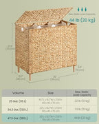 SONGMICS Laundry Hamper 3 Sections, 47.5 Gal. (180 L) Handwoven Water Hyacinth Wicker Laundry Basket with Lid, Natural Material, Removable Machine Washable Liners, Handles, Natural ULCB203Y01 - color: Natural, size: 180 L (Handwoven )