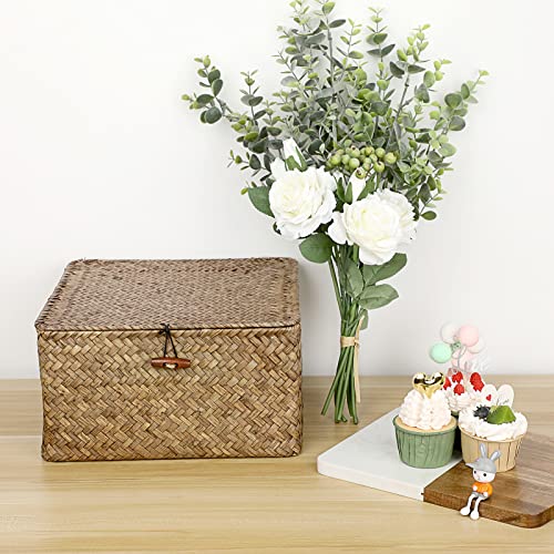 Hipiwe Wicker Shelf Baskets Bin with Lid Handwoven Seagrass Storage Basket Container Square Multipurpose Household Basket Boxes for Shelves and Home Organizer, Coffee Large - color: Coffee, size: Large