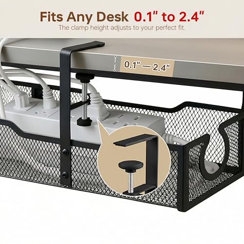 Upgraded 25.2'' Under Desk Cable Management Tray, No Drill Clamp-On Design Wire Organizer, Cable Organization Box for No Damage to Desk, Metal Cord Organizer for Home Office, Black - color: Black