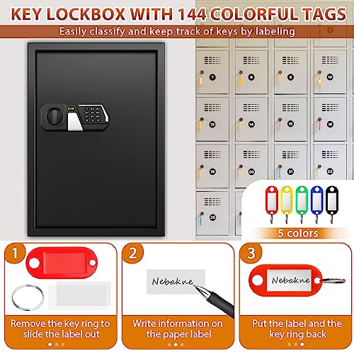 Nebakne 144 Keys Fireproof Cabinet Safe With Adjustable Hook Plates and Tags, Anti-Theft Lock Box Wall Mount With Combination Lock, Organizer for Home Office Garage - size: 144 Keys