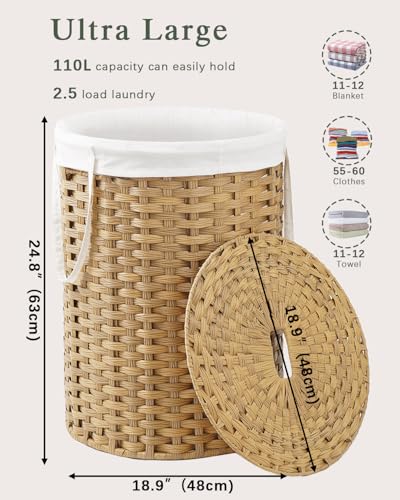 SETVSON Laundry Basket with Lid Round Rattan Laundry Hamper with Lid and Handles 29.1 Gal (110 L) Handwoven Woven Basket with Removable Bags and 2 Mesh Bags for Bathroom Living Room Natural - color: Natural, size: 110L