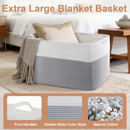 105L XXXL Large Blanket Basket, Rectangular Cotton Rope Basket, Laundry Hamper for Blankets, Pillows, Extra Large Toys Storage Bins for Kids, Dogs 25" x 16" x 16", White & Gray - color: Gray & White, size: 25" x 16" x 16"
