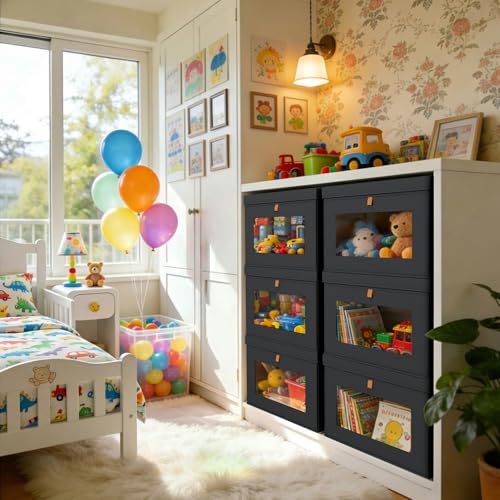 DIMJ Storage Bins with Lids - 6 Pack Large Fabric Closet Organizer with Window & Handles, Collapsible Decorative Storage Boxes for Shelves Under Bed, Books Clothes Blankets Sweaters Organization - color: Black, size: Large-6 Pack