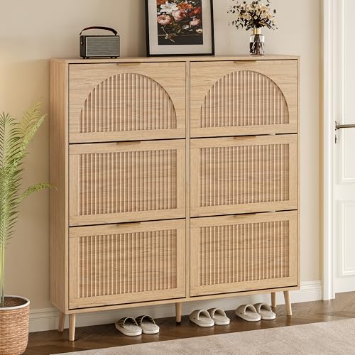 BORNOON Shoe Cabinet for Entryway with 6 Flip Drawers, Slim Wooden Shoe Storage Organizer with Modern Fluted Pannel，Freestanding Narrow Hidden Shoe Rack for Hallway, Foyer, Living Room - color: Oak, size: 6 Flip Drawers