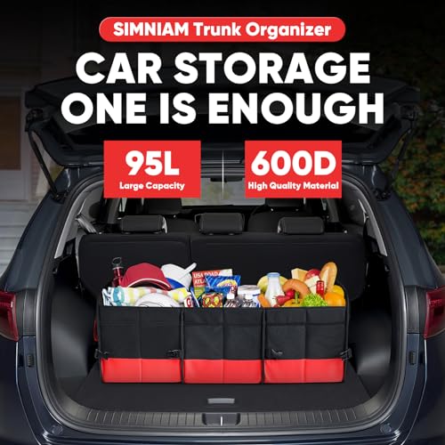 Simniam Large Trunk Organizer for Car, Foldable Multi Compartment Car Trunk Organizer with 2 Retractable Straps, Suitable for All Kinds of Cars, SUV, Minivan - 4 Compartments Red - color: Red, size: Medium