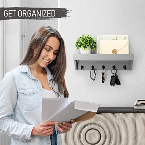 Rebee Vision Decorative Key Holder for Wall - Modern Farmhouse Wall Mount Mail Organizer Keys Hanger with Floating Shelf, 5 Rustic Key Hooks for Entryway Home Decor (Gray) - color: Gray