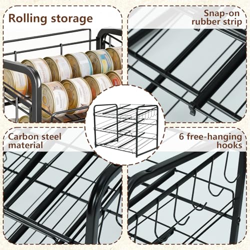 Iron Cat Food Container, Can Organizer for Pantry, Pet Food Storage Containers, 3-Tier Can Stackable Storage Rack with 6 Fixed Hooks, Canned Goods Organizer for Countertop Kitchen Cabinet, Black