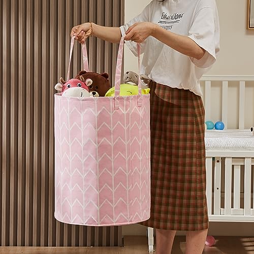 Large Storage Basket for Girls and Boys, Collapsible Laundry Hamper with Long Handles, Toy Bins for Nursery, Kids Room Décor - color: Pink Geometry, size: 2 Pack