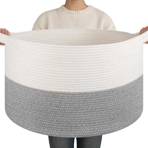 OIAHOMY 90L XXXLarge Blanket Basket for Living Room, 21.7" x 13.8" Woven Cotton Rope Laundry Basket for Organizing Pillows, Decorative Stuffed Animal Toy Storage Bin for Nursery, White and Light Grey - color: White and Light Grey, size: 21.7"D x 13.8"H