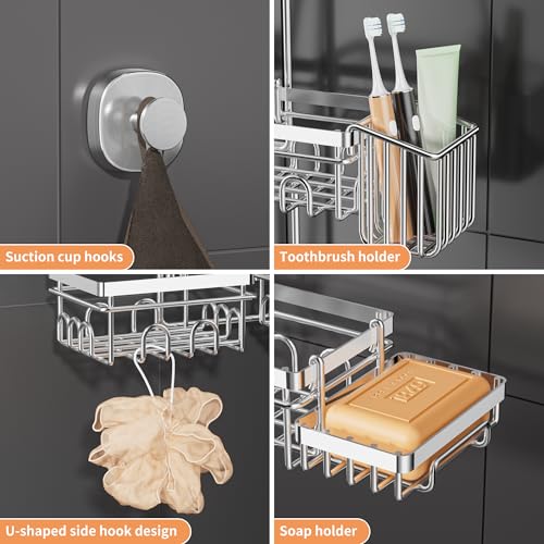 DAOYA Shower Caddy Hanging - Over Shower Head Caddy, 0.82 inch Universal with 2 Shelves, Soap Holder, Toothbrush Holder & Reusable Suction Hook, Complete Silver Bath Organizer Set - color: Silver