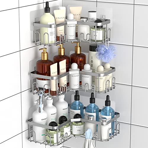 Menbyci 3 Pack Corner Shower Caddy, Adhesive Bathroom Shelves with 18 Hooks, Drill-Free & Quick-Dry Shower Organizer with Large Capacity, Rustproof Stainless Steel Bathroom Corner Storage Rack, Silver - color: Silver, size: 3 packs