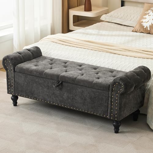 51" Storage Ottoman Bench, End of Bed Bench for Bedroom, Chenille Upholstered Benches for Foot of Bed, Window Benches, Storage Ottomans for Living Room, Entryway, Dark Gray - color: Darkgray