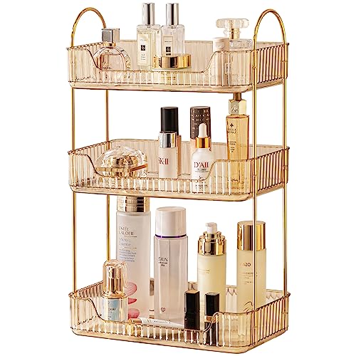 Akinbas 3 Tier Bathroom Organizer Countertop Makeup Perfume Tray Skincare Organizer for Bathroom Dresser Vanity (Gold) - color: Gold, size: 3 Tier