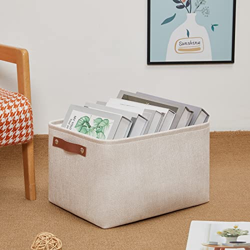 DULLEMELO Fabric Organizer for Storage, Office, Home, Nursery - Small Fabric Storage Basket with Handles (Beige) - color: Beige, size: Medium-15"x11"x9.5"