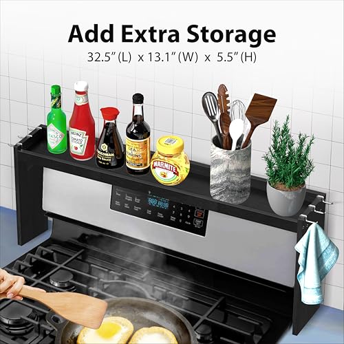 IIIOIIIA Bamboo Over the Stove Spice Shelf for Kitchen, 31.5" Spice Rack Organizer Shelf with 6 hooks, 11.4" Height Extra Storage Countertop, Easy to Assemble, Black - color: Bamboo Black