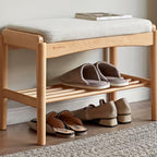 Solid Wood Shoe Bench Assembled, Shoe Rack Bench with Cushion for Entryway, Living Room, Bedroom, Hallway, 11.8" x 23.6" x 16.5", Natural - color: Natural + Light Gray, size: 23.62"