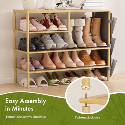 Bamboo Shoe Rack, 4 Tiers Shoe Organizer for Closet, Shoes Storage for 20-24 Pairs, Freestanding Shoe Shelf with Removable Pocket for Entryway Bedroom Front Door Dorm - color: Natural Color