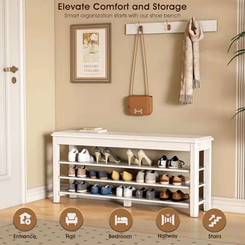 IUNVR Shoe Rack Bench Seat Rubberwood 3-Tier Wooden Storage Bench 550lbs Compact Mid-Century Modern Design for Entryway, Hallway, Closet, Front Door Entrance, Foyer - color: White-3 Tier(wood), size: 47.2"W x 11.8"D x 20.5"H