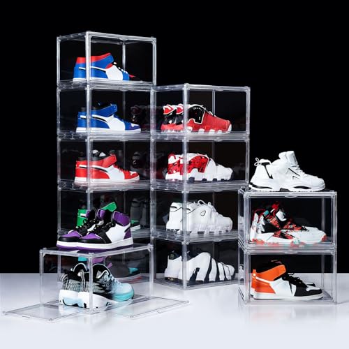 12 Pack Shoe Boxes, Clear Acrylic Stackable Plastic Sneaker Box Container, Magnetic Drop & Side Open Shoe Organizer Case Container With Lids Fits Up to Size 15(Transparency) - color: Transparency
