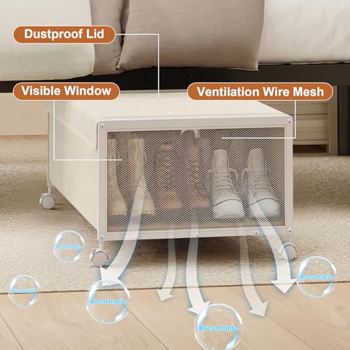 2 Pack Under the Bed Storage Containers,12 inch Height Under Bed Shoe Storage,31inch Long Underbed Storage with Wheels,Large Rolling under bed Clothes Storage Drawers with Lid for Dorm Tall,Ivory - color: Ivory, size: 2PC (31"Lx17"Wx12"H)