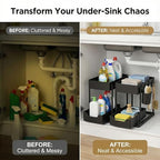Under Sink Organizer – 2 Tier Sliding cabinet organizer with 4 Hooks & 1 Cup | Multi-Purpose Space Saving Shelf for under kitchen sink storage, Countertop, Bathroom, Pantry & Office Organization