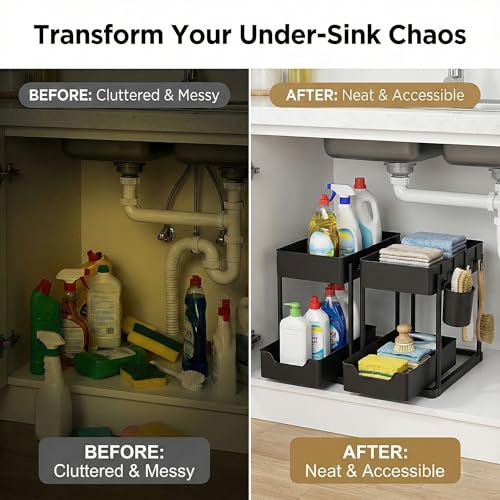 Under Sink Organizer – 2 Tier Sliding cabinet organizer with 4 Hooks & 1 Cup | Multi-Purpose Space Saving Shelf for under kitchen sink storage, Countertop, Bathroom, Pantry & Office Organization