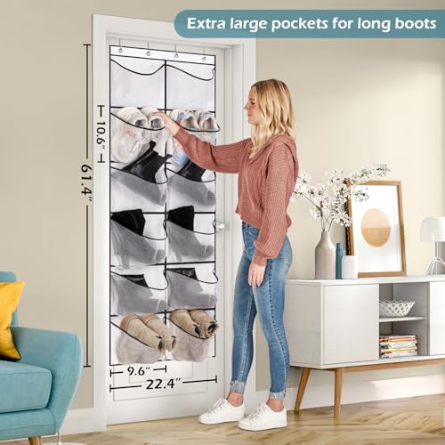KIMBORA Over The Door Shoe Organizer 12 Large Mesh Pockets Boots Hanging Storage Shoe Rack for Closet White - color: White
