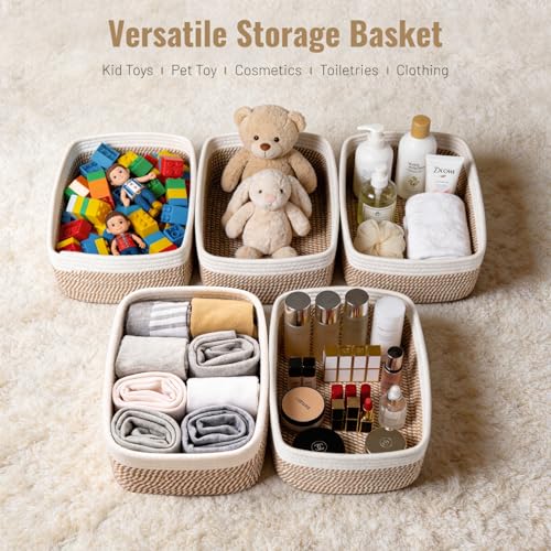 5 Pack Small Woven Storage Baskets for Shelves, Cotton Rope Baskets Organizer for Bathroom, Closet & Nursery, Decorative Storage Bins for Organizing Socks, Toys, 11.8"x7.9"x4.7", Khaki/White - color: Khaki & White
