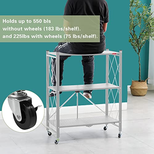 DEANIC 3 Tier Foldable Storage Shelves with Wheels, Kitchen Appliance Stand, Freestanding Metal Wire Shelf Rack, No Assembly Organizer Rolling Cart for Garage, Basement, Pantry(Grey) - color: Grey