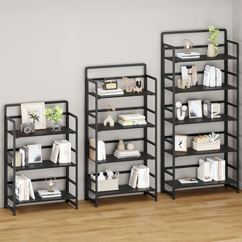 No Assembly Folding Bookshelf, 5 Tiers Collapsible Book Shelf for Home Office, Vintage Wood Foldable Bookcase Storage Organizer for Living Room Bedroom (Black) - color: Black, size: 5-tier
