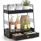 Coffee Bar Station Organizer with Built-In Drawer, 2-Tier Countertop Shelf for Tea Bags, Coffee Accessories, Syrup Bottles (Black) - color: Black