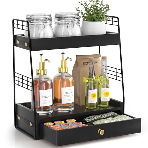 Coffee Bar Station Organizer with Built-In Drawer, 2-Tier Countertop Shelf for Tea Bags, Coffee Accessories, Syrup Bottles (Black) - color: Black