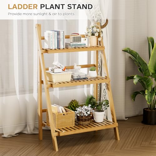 Foldable Ladder Shelf 39.4", Plant Shelf 3 Tier, Bamboo Ladder Flower Pot Display Shelf, Freestanding Ladder Bookshelf for Living Room, Balcony, Yard, Garden, 23.6"W x 15"D x 39.4"H, Natural - color: 3-tier Natural