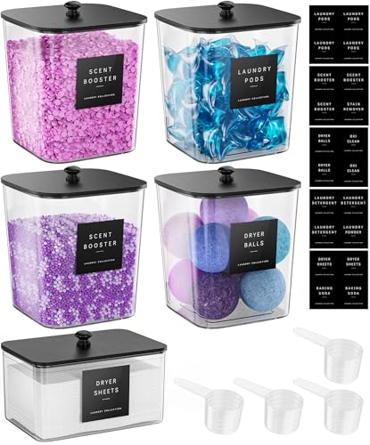 Moforoco 5 Pack Laundry Pods Container, Clear Laundry Room Organization Containers,Large Detergent Powder Storage, Black Wooden Lids & Labels, Acrylic Pods Holder - color: Black, size: 5 pack