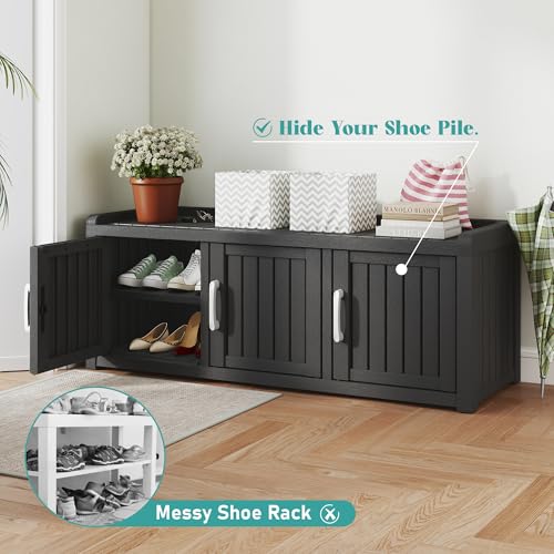KAMABOKO Outdoor Shoe Storage Cabinet Waterproof UV-Resistant, Entryway Storage Bench Indoor Outdoor with 3 Barn Doors, Adjustable Shelves for Entryway, Bedroom, Hallway,Living Room(Black) - color: Black, size: 3 Door
