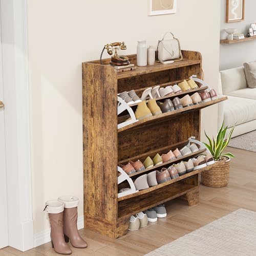 Garvee Shoe Storage Cabinet with 2 Flip Drawers, Freestanding Shoe Organizer Storage for Entryway with 2 Side Hooks, Farmhouse Hidden Slim Narrow Shoe Rack Cabinet, Rustic Brown - color: Rustic Brown, size: 2-Drawers