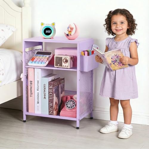 ECOLOVI Kids Nightstand 19in High for Floor Beds, 3-Tier Metal Small Bedside Table with Adjustable Storage Shelf, Basket & 3 S-Hooks, Low Nightstand for Nursery, Toddler Bedroom (Purple) - color: Purple