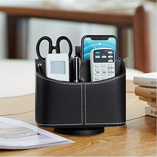 Leather 360° Spinning Remote Control Holder, Pencil Pen Holder for Desk Table Nightstand, TV Remote Caddy Organizer, Black Office Decor and Accessories, Storage Box for Phone,Media Player Controllers - color: Black