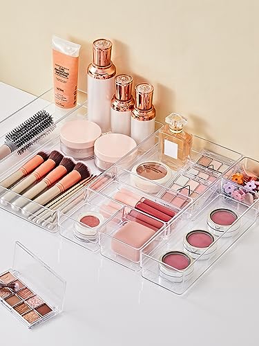 SMARTAKE 30-Piece Drawer Organizer with Non-Slip Silicone Pads, 7-Size Desk Drawer Organizer Trays Storage Tray for Makeup, Jewelries, Utensils in Bedroom Dresser, Office and Kitchen (Clear) - size: 30 PCS