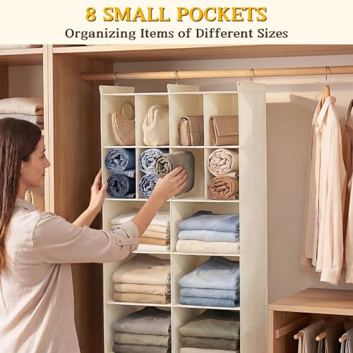 Ofiray-home 3 Tier Hanging Closet Organizer, 10 Compartments Sweater Organizer for Closet with 3 Sturdy Hooks, Closet Organizers and Storage, Wardrobe, Rv, Garment Rack, Beige - color: Beige, size: 3-Tier