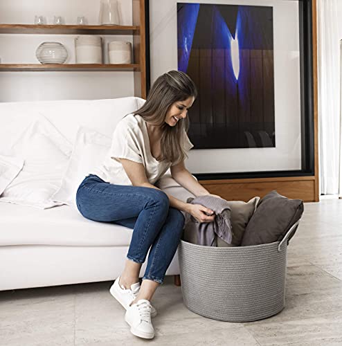 OrganiHaus Large Woven Storage Basket for Blankets and Toys 20" x 13" Inch, Rope Laundry Basket with Handles, Cushions & Pillows Storage Bin, Nursery Hamper, Soft Round Dog Toy Bin - Gray - color: Full Gray, size: Wide