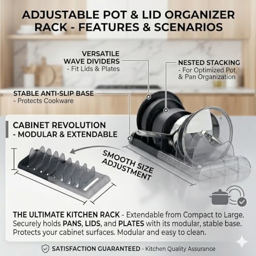 OMIO Pot Lid Organizer for Cabinet, A-560 Heavy Duty ABS Pan Rack Adjustable 9.8-22.8 inch with 8 Removable Dividers, Under Sink Storage for Cookware, Cutting Board, Dark Gray - color: Deep Grey & Translucent
