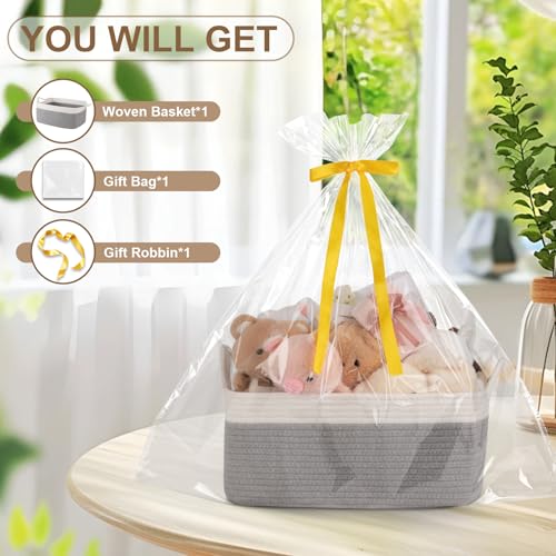 OIAHOMY 19L Woven Basket, Gift Basket Empty with Gift Bags and Ribbons, Rope Baskets for Baby Showers, Storage Baskets with Handles for Nursery, Pet Toy Organizer - Grey & White - color: Grey & White, size: Large: 15.35L*11.42W*6.7H