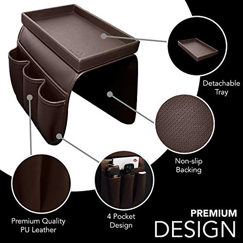 NEATOPA Couch Remote Caddy Control Holder Sofa Organizer with Detachable Wooden Snack Tray for Recliner Mattresses Chair Armrests with 4 Slots - 1 Large Pockets and 3 Small Pockets (Brown) - color: Brown