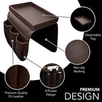 NEATOPA Couch Remote Caddy Control Holder Sofa Organizer with Detachable Wooden Snack Tray for Recliner Mattresses Chair Armrests with 4 Slots - 1 Large Pockets and 3 Small Pockets (Brown) - color: Brown