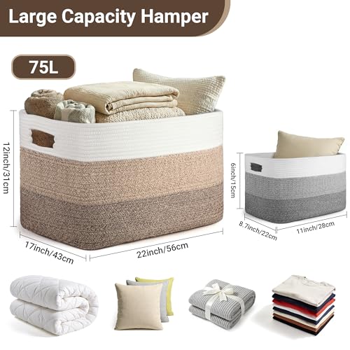 75L Large Woven Storage Basket, Cotton Rope Laundry Hamper with Handles, 22”x17”x12” Rectangle Blanket Basket for Toys, Clothes, Pillows, Nursery and Living Room, Gradient Brown/White - color: Gradient Brown/White