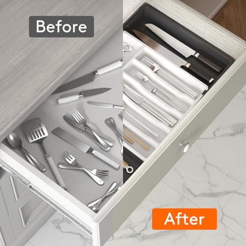Lifewit Silverware Drawer Organizer, Expandable Utensil Tray for Kitchen, BPA Free Flatware and Cutlery Holder, Adjustable Plastic Storage for Spoons Forks Knives, 13-22 x 15", White&Black - color: White&black, size: XL (13-22''W x 15''D)