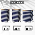 BALEINE Laundry Hamper with Lid, Tall Laundry Baskets with Bamboo Pull Handles, Large Laundry Bin with Internal Support (26 Gal/100L, Blue Pinstripe) - color: Blue Pinstripe, size: 100 liters