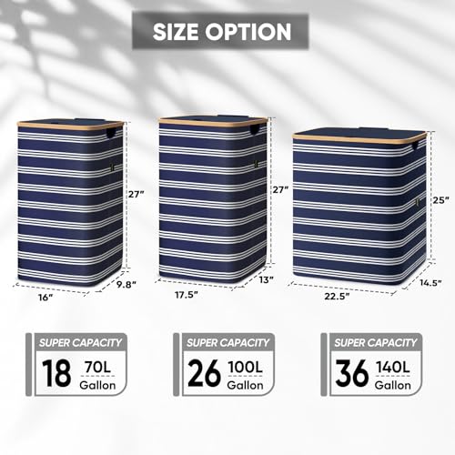 BALEINE Laundry Hamper with Lid, Tall Laundry Baskets with Bamboo Pull Handles, Large Laundry Bin with Internal Support (26 Gal/100L, Blue Pinstripe) - color: Blue Pinstripe, size: 100 liters
