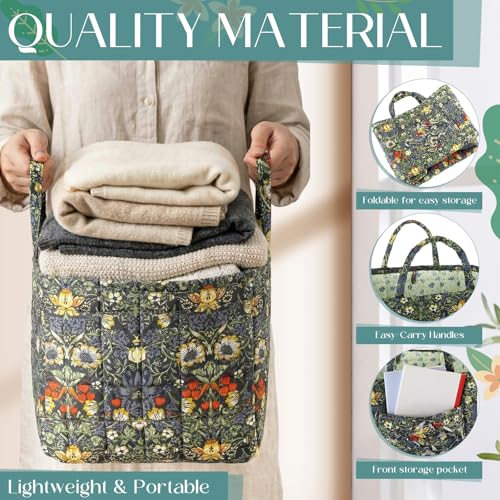 2 Pcs Quilted Fabric Storage Basket with Handles 13"x11"x10.6" Boho Foldable Floral Laundry Organizer Bin for Home Picnic Shopping Travel